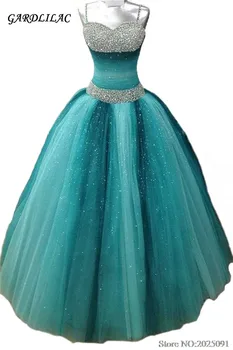 2019 Spagetti Kayışı Balo Quinceanera Elbiseler kristal boncuklar Kontrast Uzun Balo Elbise Dantel-UP Vestidos de 15 Anos