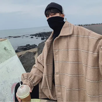 Erkek Kore Moda Dokuma Liman Tarzı Orta Uzunlukta Ekose Rüzgarlık Sonbahar ve Kış erkek Yün Ceket Moda Kış Ceket