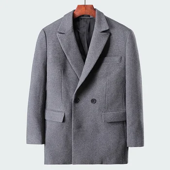 Erkek Kış Yastıklı Yün Karışımı Ceket Moda Erkekler Gri Iş Rahat Ceket Uzun Kollu Kalın Yün Ceket Overisze Palto Erkek