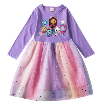 Gabbys Dollhouse Giysileri Çocuklar Uzun Kollu Prenses Elbise Kızlar için Pamuklu T Shirt Örgü Pullu Elbiseler Çocuk Düğün Vestidos