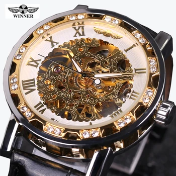Heren Horloge Kazanan İzle Erkekler Deri Kayış Mekanik iskelet saatler Erkekler Lüks Altın mekanik saatler Erkek Erkek Kol Saati