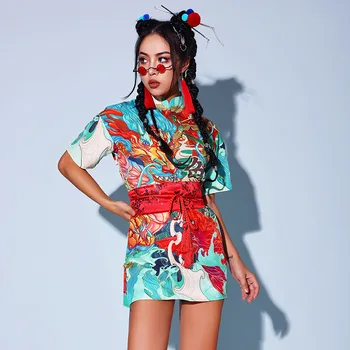 Hip Hop Kostüm Seksi Caz Dans kadın Takım Elbise Kısa Kollu Çin Tarzı Elbiseler Sahne Performansı Cosplay Kostüm Giyim