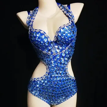 Parlak Kakma Mavi Rhinestones Kadın Leotard Sutyen Backless Sıkı Streç Doğum Günü 2022 Kıyafet Gece Kulübü Kostümleri Sahne Giyim