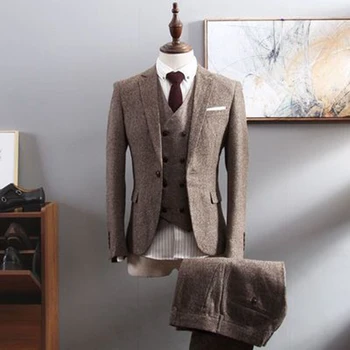 Tüvit Erkek Takım Elbise 3 Parça Custom Made Damat Smokin Terzi Yün Erkek Moda Düğün Kostüm Ceket Yelek Pantolon