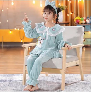 Yeni Kış çocuk pijamaları Kız Prenses Loungewear Mercan Polar Çocuk Pijamas Sıcak Pazen Pijama Gecelik genç pijama takımı